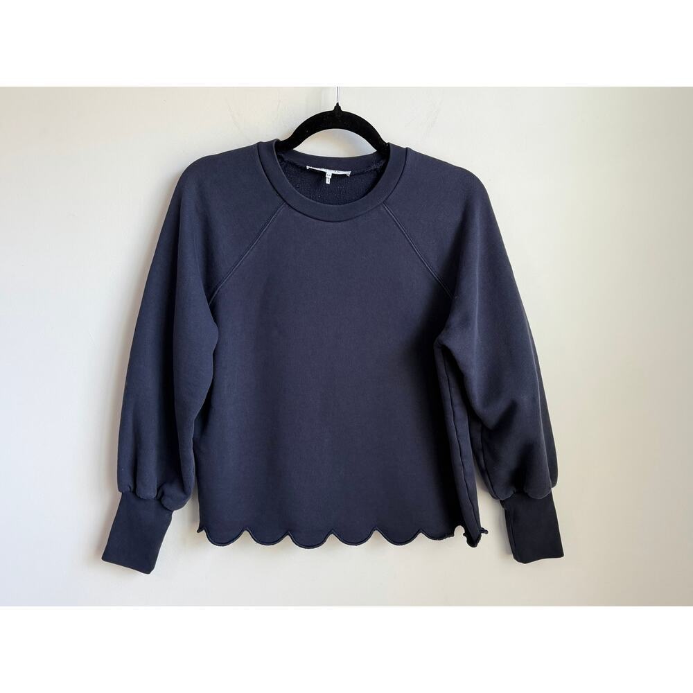 FRAME Scallop Balloon Sleeve Crew Neck Fleece Sweatshirt Navy Women's Size S - Picture 3 of 8